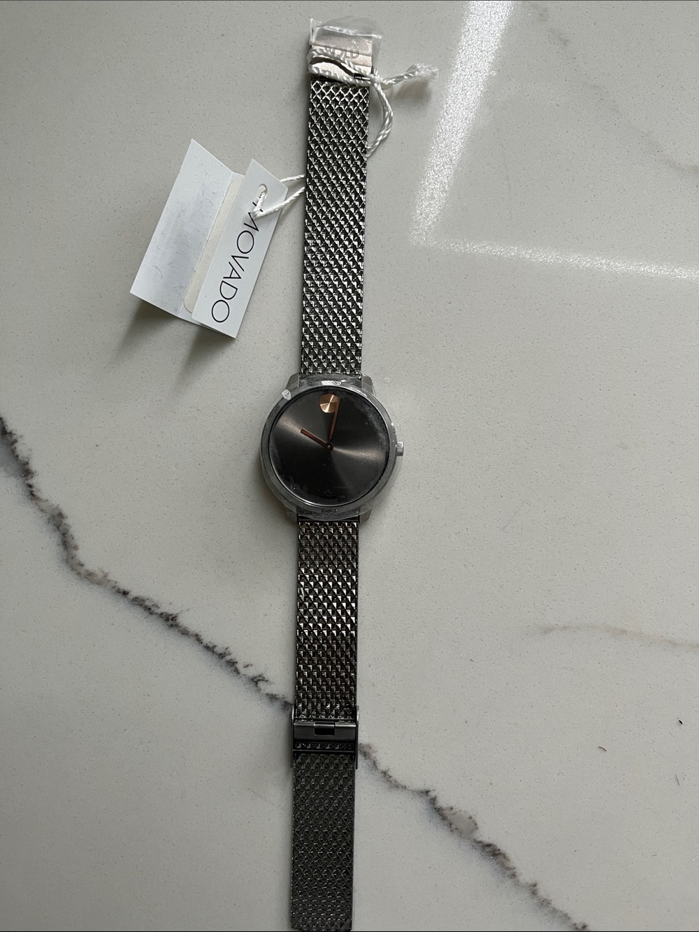 Movado Silver Mesh Bracelet Watch with Black Dial and Rose Gold Accents